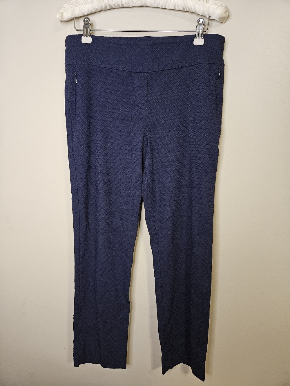 Margaret M Navy Blue Jacquard Slimming Pull On Dress Pants Size Medium